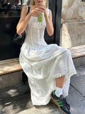 Bomve Lace Up Slim Maxi Dresses For Women High Waist Corset Dress Womens Whitewedding Holiday Elegant Fashion Folds Dress Woman