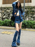 Bomve-Streetwear Blue Cowboy Tops Coat Asymmetrical Design Lace Up Denim Mini Skirt Autumn Three Piece Sets Womens Outfits