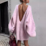 Bomve 2024 Autumn Long Sleeve Sexy Big Backless Knitted Sweater Dress For Women Fashion Solid Loose Sweater Pullover Streetwear