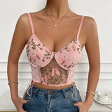 Bomve- Spaghetti Strap Lace Camisole Crop Top Butterfly Emrbroidery Backless Boho Top