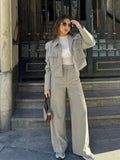 BOMVE 2024 Summer Women's Suit Female Double Pockets Chic Jacket + Wide Leg Pants Women Outfit Two-piece Set Lady Pant Sets