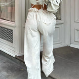 Bomve Women Elegant Wide Leg Pants Elastic Waist Shirring Loose Fit Sweatpants White Casual Autumn Big Pocket Baggy Pants