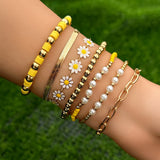 7Pcs/Set Kpop Sunflower Flat Snake Chain Bracelets for Women Trendy CCB Beads Charm Bangles Couple Friends Jewelry Accessories