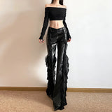 Bomve Hot Girls Mesh Splicing PU Flare Pants For Women High Waist Slim Fit Club Party Female Black Long Trousers Summer