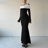 Bomve Elegant Backless Patchwork Long Dress Women's Fashion Long Sleeve High Waist Party Dress Strapless Slim Sexy Long Dress