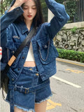 Bomve-Streetwear Blue Cowboy Tops Coat Asymmetrical Design Lace Up Denim Mini Skirt Autumn Three Piece Sets Womens Outfits