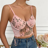 Bomve- Spaghetti Strap Lace Camisole Crop Top Butterfly Emrbroidery Backless Boho Top