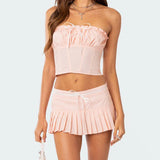 Bomve Y2K Outfits Sweet Cute Bow Strapless Tube Crop Tops Bandeau+Pleated Mini Skirt Fairycore Aesthetic 2 Pcs Set Streetwear