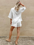 Bomve Fashion White Cotton Linen Hollow Out Lace Up Top And Short Pants Suit Women's Loose Top Casual Splice Sets Lady Summer