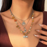 Bomve 3Pcs Boho Yellow Stone Chain Necklace for Women 2024 Trendy Goth Big Tree Dragonfly Moon Pendant Choker Y2K Jewelry New