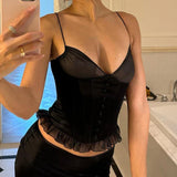 Bomve Vintage Corset Bustier Top Sexy V Neck Button Ruffles Frill Camis French Women Backless Zip Up Crop Tops Club Party Vest