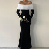 Bomve Elegant Backless Patchwork Long Dress Women's Fashion Long Sleeve High Waist Party Dress Strapless Slim Sexy Long Dress