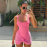 Bomve Solid Casual Vacation Two Piece Sets Sleeveless Elegent Bodysuits + Folds Sexy Mini Skirts Suits Women Fashion Outfits