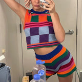 Bomve Color Block Knitted Two Piece Set Women Crochet Sleeveless Tank Crop Top Vest + High Waist Shorts Y2K Matching Tracksuit