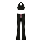 Bomve Color Contrast Lacing Flare Pants 2 Piece Set Women Halter Crop Tank Top Fashion Sports Trousers American Leisure Suit