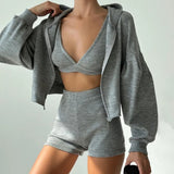 Bomve-2024 Spring and Summer knitted zipper hooded cardigan sweatshirt V-neck bra high-waisted tight shorts casual three-piece set