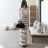 Bomve Knitted Striped Ruffle Long Dress Women's Fashion Luxury Party Dress Elegant See-through Color Block Knitted Long Dress