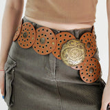 Bomve-Retro y2k Round Hollow Cowboy Wide Disc Belt for Women Waistband Buckle Waist Belt Girdle Dress Skirts Jeans Accessories