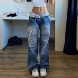 Bomve Y2K Vintage Low Waist Loose Jeans Women's Straight Denim Trousers Pockets Aesthetic Blue Pants 90s E-Girls Streetwear