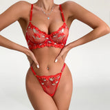 Bomve- Embroidery Lingerie Set Women 2-Piece Cherry Bra + Brief Underwear Set Sexy Intimates