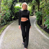 Bomve Women 2 Piece Spring Outfits Solid Color Long Sleeves Crop Tops and Bootcut Pants Set Streetwear Aesthetic Clothes