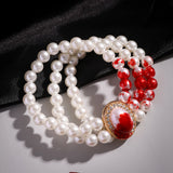 Multilayer Red Blood Pattern Imitation Pearl Chain Bracelets Women Goth Charm Beads Rhinestone Bangles Halloween Couple Jewelry