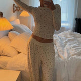 Bomve Women 2 Piece Pajama Set Long Sleeve Crop Tops and Elastic Wide Leg Pants for Loungewear Soft Sleepwear for Nightwear