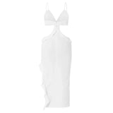 Bomve Women's Summer Fitted Cocktail Dress White Sleeveless Irregular Ruffle Hollow Party Dress Clubwear Y2K Streetwear