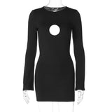 Bomve Fashionable Backless Hollow Mini Dress Women's Sexy Slim Pullover Long Sleeve Dress Black High Waist Party Club Dress