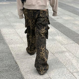 Bomve-Y2k Retro Punk Baggy Jeans Multi Pocket Leopard Print Cargo Pants Women Slouchy Hip Hop Straight Wide Leg Pants Streetwear