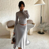 Bomve Casual 2 Piece Set Oufits Women Backless T-shirt Crop Tops + Irregular Midi Skirt Vintage Matching Suit Y2k Streetwear