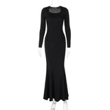 Bomve Autumn Long Sleeve High Waist Long Dress Women's Elegant Solid Color Square Neck Dress Fashion Pullover Women's Dress