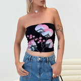 Bomve Women's Y2K Summer Strapless Slim Tube Tops Floral Pattern Bandeau Beachwear Show Navel Crop Corset Vest