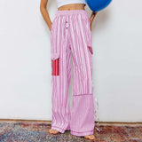 Bomve-Women Striped Patchwork Pants y2k Aesthetic Wide Leg Loungewear Pants Casual Loose High Waist Long Pants Trousers with Pockets