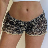 Bomve-Retro Y2K Women Kawaii Leopard Printed Shorts Ruffle Vintage Cottage Shorts Elastic Slim Fit Bloomers Pants Fashion Streetwear