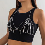 Bomve Sexy Cross Jesus Tassel Lingerie Bra Chest Top Chain Women Summer Bikini Boho Festival Rave Body Jewelry Accessories