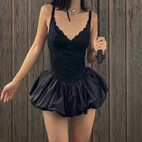 Bomve Women Stylish Chic Black Spaghetti Strap Balloon Dress Party Outfits Sexy V-neck Lace Patchwork Zipper Mini Dress