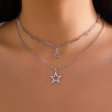 2Pcs Vintage Silver Color Hollow Star Pendant Choker Necklace for Women Trendy Sweet Cool Clavicle Chain Party Jewelry Gifts New