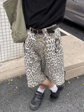 QWEEK Leopard Print Short Jeans Women Y2k Vintage High Waist Harajuku Streetwear Jorts Casual Wide Leg Baggy Denim Shorts Summer