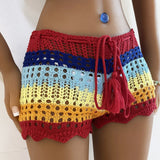 Bomve Women Crochet Hollow-Out Sarongs Contrast Stripe See-Through Knit Beach Shorts Summer Bikini Bottoms Cover Up