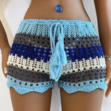 Bomve-Women Summer 2000s Aesthetic Hollow Out Knitted Shorts Patchwork Color Crochet See Through Cover Ups Shorts Bottoms Beachwear