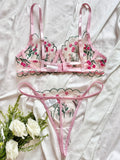 Bomve- floral Lingerie Set Women 2-Piece Sheer Embridery Lace Bra + Thong Underwear Set Sexy Intimates