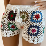 Bomve Women's Boho Beachwear Knit Crochet Shorts Casual Hollow Out Drawstring Elastic Low Waist Lounge Bottoms for Summer