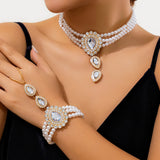 Multilayer Elegant Imitation Pearl Chain Necklace Bracelet for Women Creative Water Drop Rhinestone Jewelry Set Wed Accessories