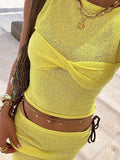 Bomve Knitted Twisted Crop Tank Top Mini Skirt Suit Women Crew See Through Vest Warp Hip Short Skirt Silm Set Hottie Beachwear