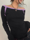 Bomve-Contrast Color Off Shoulder Long Sleeve Tee