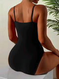 Bomve-Black Friday Christmas Thanksgiving Simple Spaghetti-Neck Pleated Solid Color One-Piece Swimwear