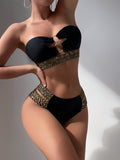 Bomve-Black Friday Christmas Thanksgiving Bandeau Ring Color-Block Sequined Hollow Bikini Swimsuit