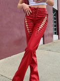 Bomve-Cut-out Lace Up Pu Leather Pants