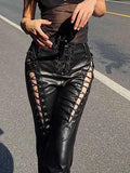 Bomve-Cut-out Lace Up Pu Leather Pants